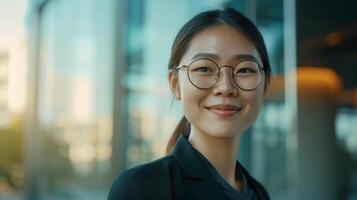 Young confident asian business woman with glasses smiling in corporate background with copy space. Success, career, leadership, professional, diversity in a workplace concept photo