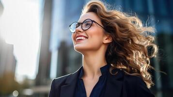 joven confidente caucásico blanco negocio mujer sonriente en corporativo antecedentes con Copiar espacio. éxito, carrera profesional, liderazgo, profesional, niña jefe en un lugar de trabajo concepto foto