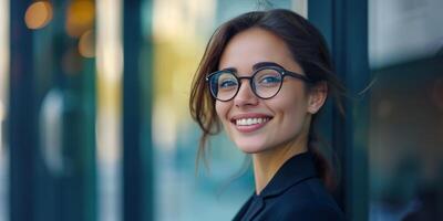 joven confidente caucásico blanco negocio mujer sonriente en corporativo antecedentes con Copiar espacio. éxito, carrera profesional, liderazgo, profesional, niña jefe en un lugar de trabajo concepto foto