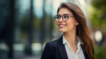 Young confident caucasian white business woman smiling in corporate background with copy space. Success, career, leadership, professional, girl boss in a workplace concept photo