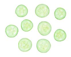 Top view set of green cucumber slices or pieces isolated on white background with clipping path. photo