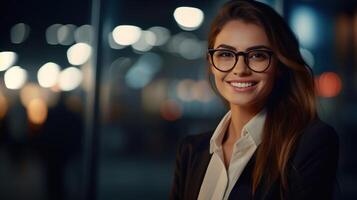 Young confident caucasian white business woman smiling in corporate background with copy space. Night city, Success, career, leadership, professional, girl boss in a workplace concept photo