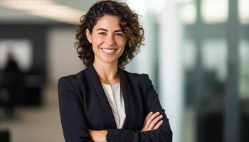 joven confidente Hispano latino negocio mujer sonriente en corporativo antecedentes con Copiar espacio. éxito, carrera profesional, liderazgo, profesional, diversidad en un lugar de trabajo concepto foto