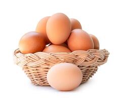 Front view of fresh brown chicken eggs in stack in wicker basket isolated on white background with clipping path photo