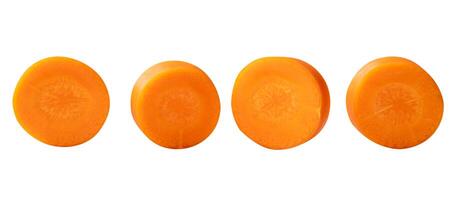 Top view set of fresh orange carrot slices scattering isolated on white background with clipping path photo