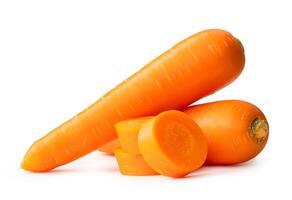 Two fresh orange carrots with slices in stack isolated on white background with clipping path photo