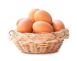 Front view of brown chicken eggs in stack in wicker basket isolated on white background with clipping path photo