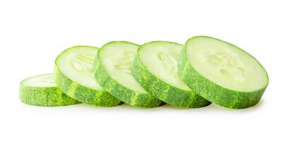 Side view set of green cucumber slices or pieces isolated on white background with clipping path photo