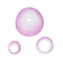 Top view set of red or purple onion slices or onion rings scattered isolated on white background with clipping path photo