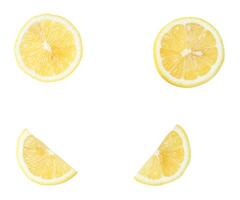 Top view set of fresh yellow lemon halves with slices or quarter scattering isolated on white background with clipping path photo