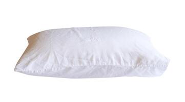 Side view of white pillow with case after guest use in hotel or resort room isolated on white background with clipping path photo