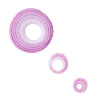 Top view set of red or purple onion slices or onion rings scattered isolated on white background with clipping path photo