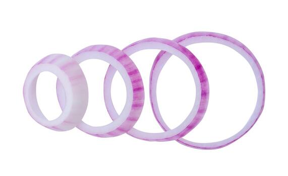 Top view of red or magenta onion slices in ring shape and stack isolated on white background with clipping path photo