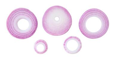 Top view set of red or purple onion rings or slices isolated on white background with clipping path photo