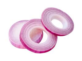 Top view of red or purple onion rings or slices in stack isolated on white background with clipping path photo