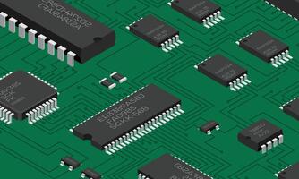 Isometric electronic board. Isometric printed circuit board with electronic components. Electronic components and integrated circuit board vector