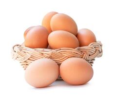 Front view of fresh brown chicken eggs in stack in woven bamboo basket isolated on white background with clipping path photo
