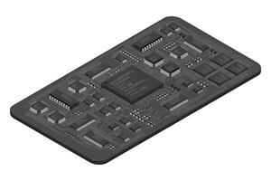 Isometric electronic board. Isometric printed circuit board with electronic components. Electronic components and integrated circuit board vector