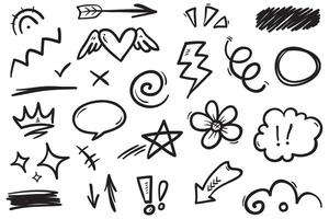 Hand drawn set elements, Abstract arrows, ribbons, hearts, stars, crowns and other elements in a hand drawn style for concept designs. Scribble illustration vector