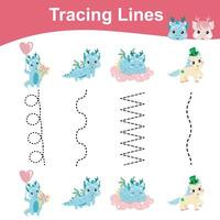 Tracing lines activity for children. Tracing lines worksheet for kids. Learning activity vector