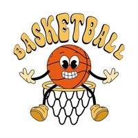 Cartoon character of basketball ball in hoop in flat style. Basketball. Trendy retro style groovy basketball character. vector