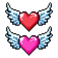 Set pixel heart icon with wings. Arcade game icon. 8 bit sign. Abstract red and pink heart. vector