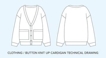 Button Knit Up Cardigan, Technical Drawing, Apparel Blueprint for Fashion Designers vector