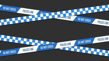 Blue Police Lines, Wide Design, Banner for Web, Social Media. Warning Tape Wrapped Around, Isolated on Dark Background. vector