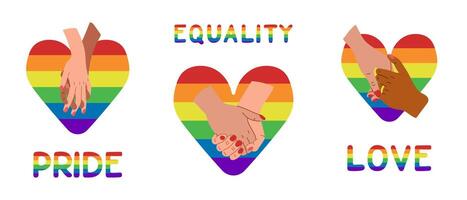 Set of flat posters supporting LGBTQIA community. Text Equality, Pride and Love in rainbow colors. Peaceful and equality concept. Flat hand drawn illustration with rainbow heart and couple of hands vector