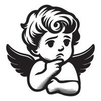 a cupid angle in worried illustration in black and white vector