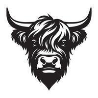 Cattle Face Logo - A confident Highland cattle face illustration in black and white vector