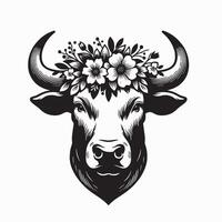 ilustración de un toro corona de flores en negro y blanco vector