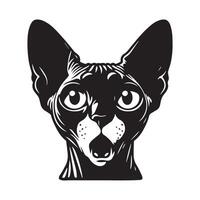 gato - un sorprendido sphynx gato cara ilustración en negro y blanco vector