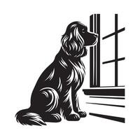 Cocker Spaniel - Cocker Spaniel Looking Out Window illustration in black and white vector