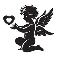 un Cupido ángel con un corazón ilustración en negro y blanco vector