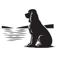 Dog - Cocker Spaniel Watching Over Lake illustration in black and white vector