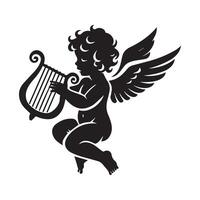 a Cupid playing a lyre illustration in black and white vector