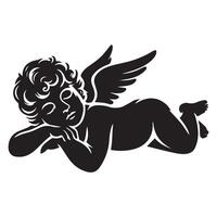 A Cupid angel sleeping illustration in black and white vector