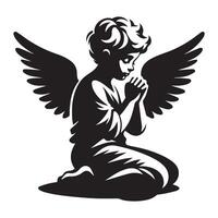 an angel cupid praying in kneeling down illustration in black and white vector