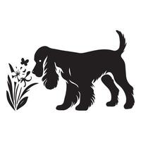 perro - cocker spaniel olfateando flores ilustración en negro y blanco vector