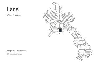 Laos Map with a capital of Vientiane Shown in a Microchip Pattern with processor. E-government. World Countries maps. Microchip Series vector