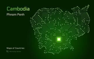 Camboya mapa con un capital de phnom penh mostrado en un pastilla modelo con procesador. gobierno electrónico. mundo países mapas pastilla serie vector