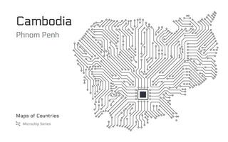 Cambodia Map with a capital of Phnom Penh Shown in a Microchip Pattern with processor. E-government. World Countries maps. Microchip Series vector