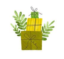 Set of giftboxes compositions. Present boxes with branches and l vector