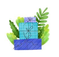 Set of giftboxes compositions. Present boxes with branches and l vector