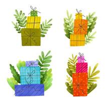 Set of giftboxes compositions. Present boxes with branches and l vector