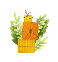 Set of giftboxes compositions. Present boxes with branches and l vector