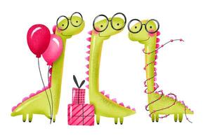 Green cartoon dinosaurs celebrating birthday with gifts and ball vector