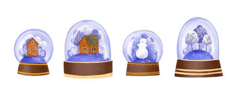 Set of Christmas glass snow globes with landscape. Snowy forest vector