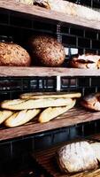 Fresh bread on shelves in bakery video